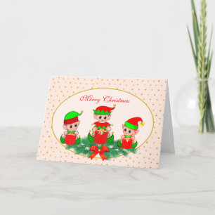 Tarjeta de duendes de Navidad y estrellas doradas