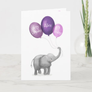Tarjeta de edad de bebe elefante lindo (púrpura)