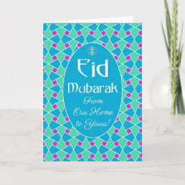 Tarjeta de Eid azul, verde y morado, patrón islámi
