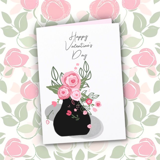 Tarjeta de El día de San Valentín floral rosa (Cute pink flowers in a black pot "Happy Valentine's Day" card)
