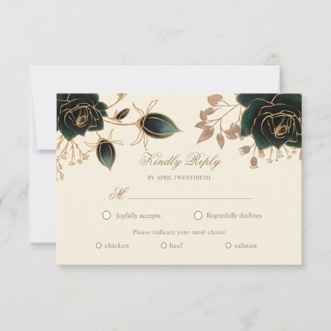 Tarjeta de elección de comida RSVP de rosas dorada (Anverso)
