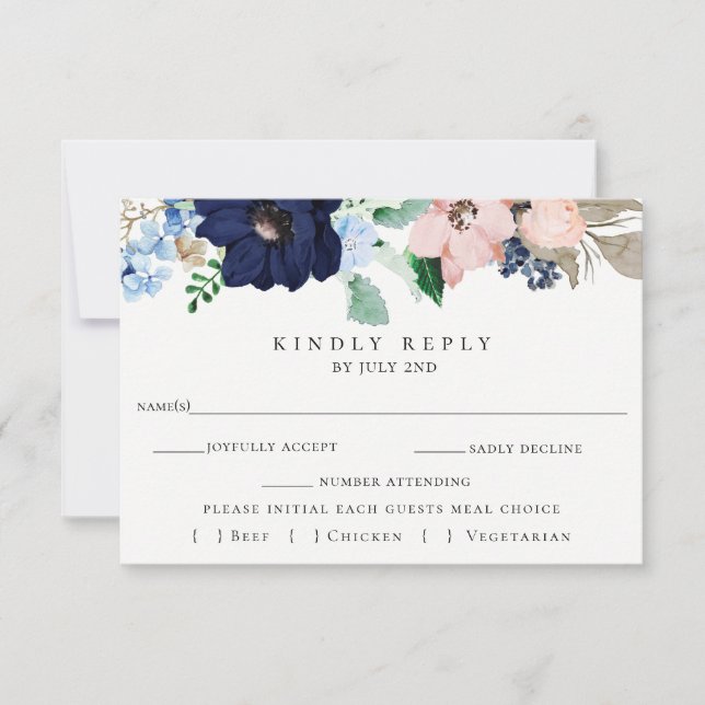 Tarjeta de elección de comida RSVP para bodas flor (Anverso)