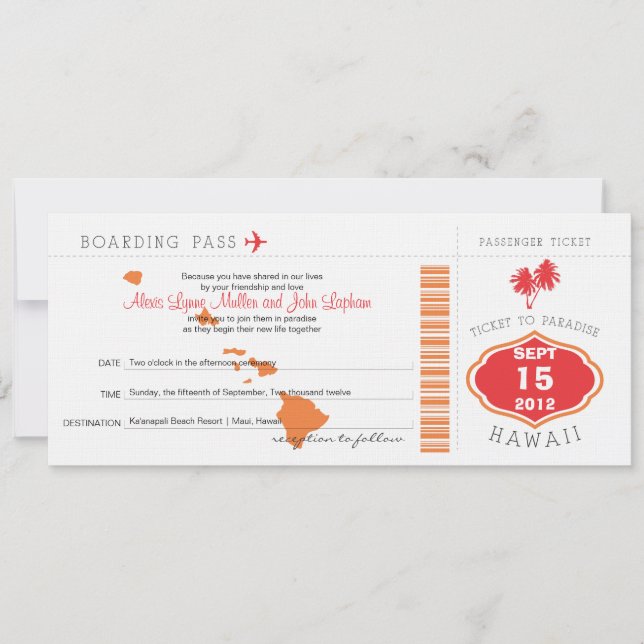 Tarjeta de embarque a invitación de matrimonio haw (Anverso)