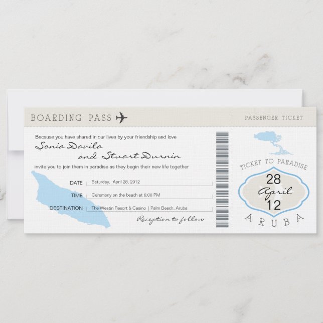 Tarjeta de embarque a la invitación a la boda de A (Anverso)