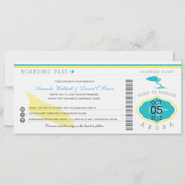 Tarjeta de embarque a la invitación a la boda de A (Anverso)