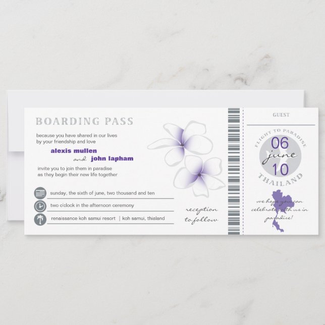 Tarjeta de embarque a la invitación de boda de Tai (Anverso)