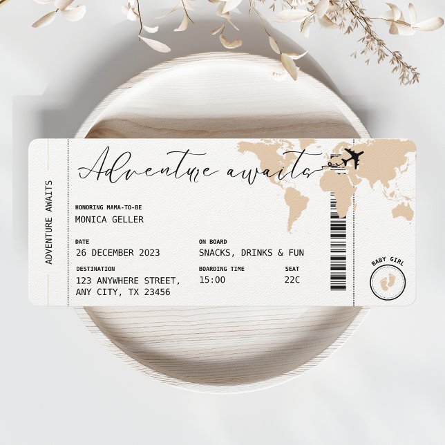 Tarjeta de embarque Adventure Awath Beige Baby Duc (adventure awaits boarding pass baby shower)