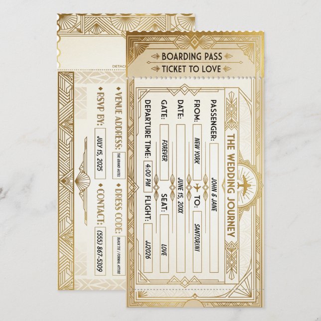 Tarjeta de embarque Art Déco para boda (Anverso / Reverso)