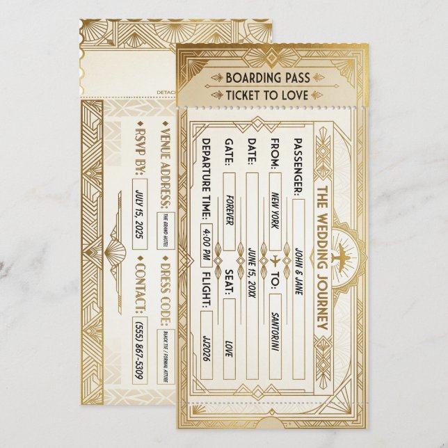Tarjeta de embarque Art Déco para boda (Anverso / Reverso)