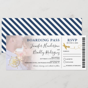 Tarjeta de embarque azul Foto de boda de destino