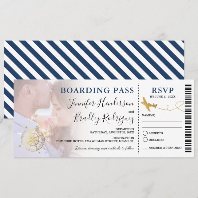 Tarjeta de embarque azul | Foto de boda de destino (Anverso / Reverso)