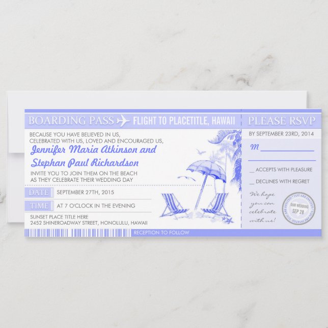 tarjeta de embarque azul tropical - invitaciones d (Anverso)