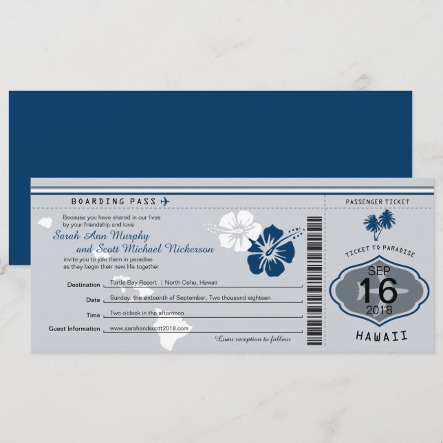 Tarjeta de embarque Boda a Hawaii gris y azul (Anverso / Reverso)