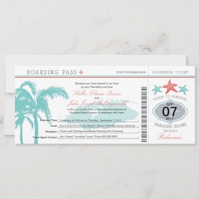 Tarjeta de embarque Boda de Nassau Bahamas (Anverso)