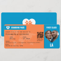 Tarjeta de Embarque Bodas de Naranja y Azul Laguna