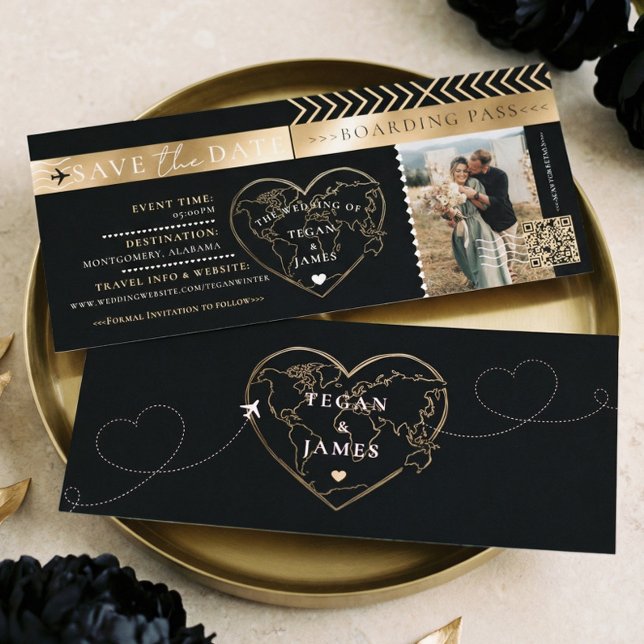 Tarjeta de Embarque Bodas de Oro Negro Save The Da (Boarding Pass Black Gold Wedding Save The Date Invitation)