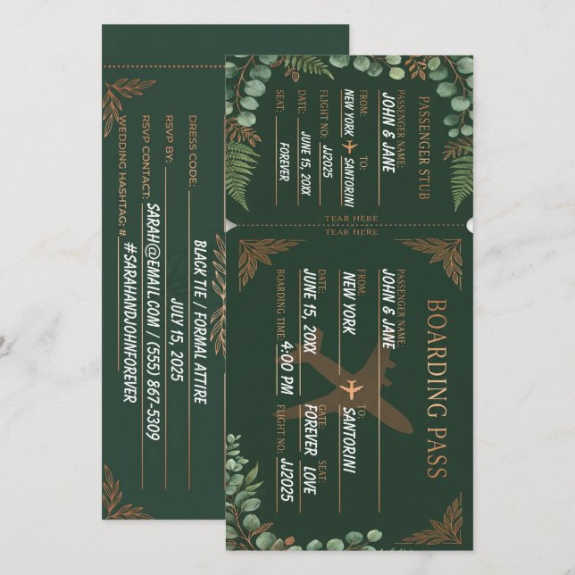 Tarjeta de embarque botánica Forest Green & Copper (Anverso / Reverso)