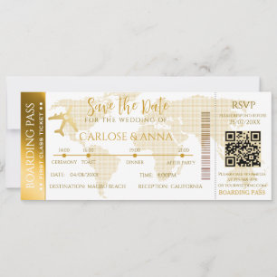Tarjeta de embarque código QR de boda de destino
