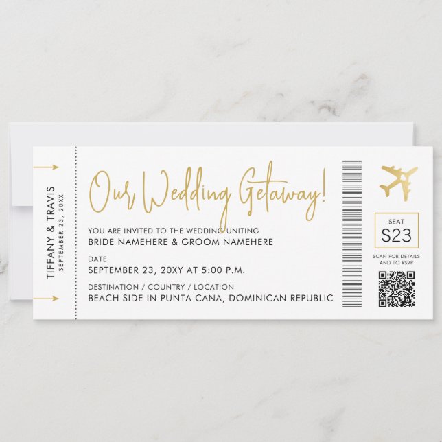 Tarjeta de embarque con código QR Boda de destino (Anverso)