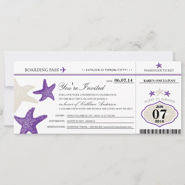 Tarjeta de embarque cumpleaños Starfish (Anverso)