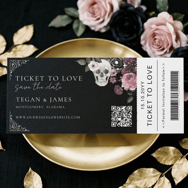 Tarjeta de embarque de boda con fecha de reserva e (Gothic Save the Date Boarding Pass WeddingTicket Invitation)