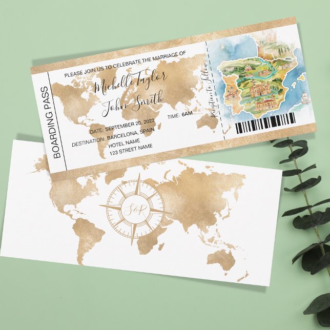 Tarjeta de embarque de boda de destino España (illustrated watercolor map of spain)