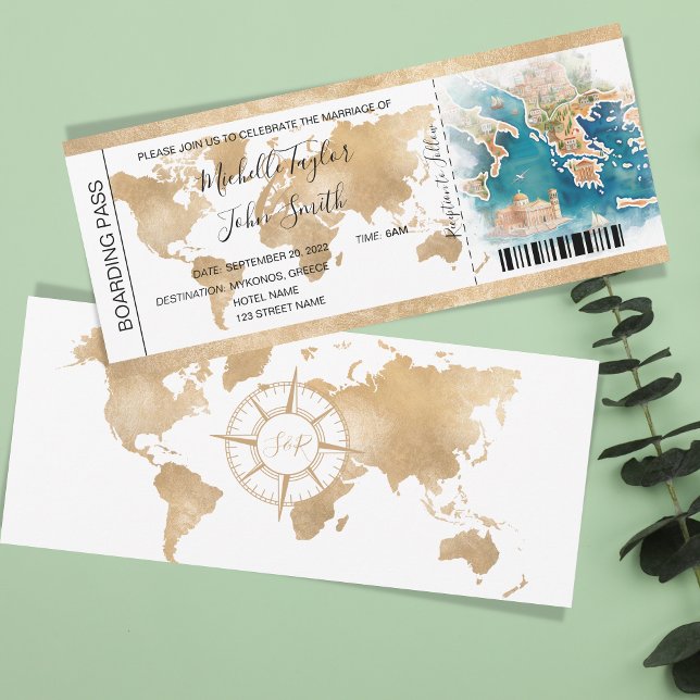 Tarjeta de embarque de boda de destino Grecia (illustrated watercolor map of greece)