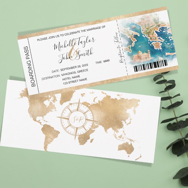 Tarjeta de embarque de boda de destino Grecia (illustrated watercolor map greece)