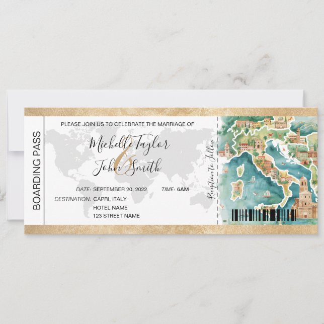 Tarjeta de embarque de boda de destino Italia (Anverso)