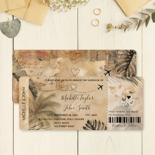 Tarjeta de embarque de boda de destino vintage avi