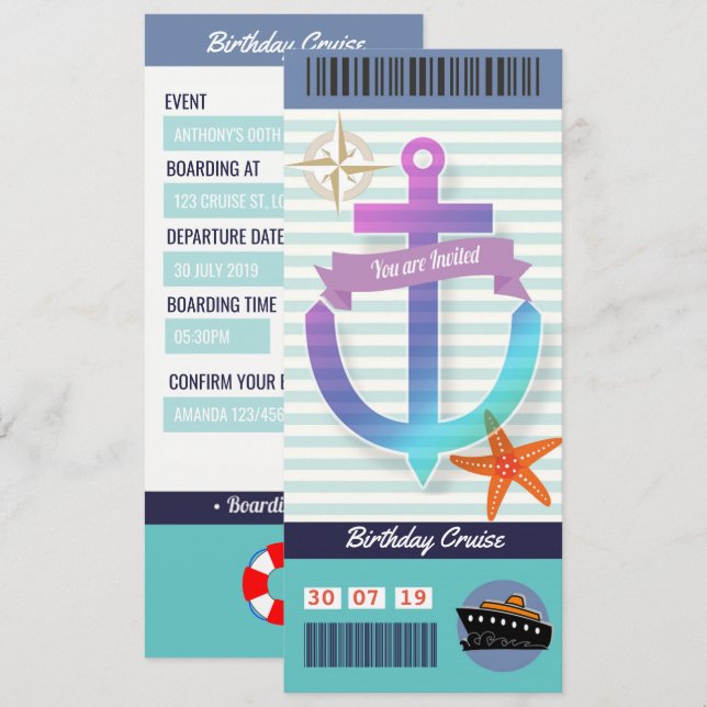 Tarjeta de embarque de crucero de cumpleaños (Anverso / Reverso)