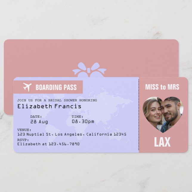 Tarjeta de embarque de lavanda y rosa polvorienta  (Anverso / Reverso)