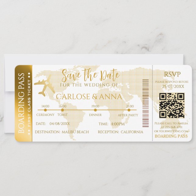 Tarjeta de embarque de oro Código QR de boda de de (Anverso)
