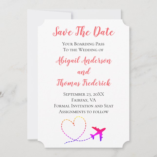 Tarjeta de embarque destino avión corazón boda (Anverso)