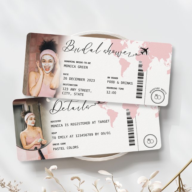 Tarjeta de embarque Ducha de novia Viaje Fotografí (Bridal Shower Boarding Pass Invitation Blush Pink)