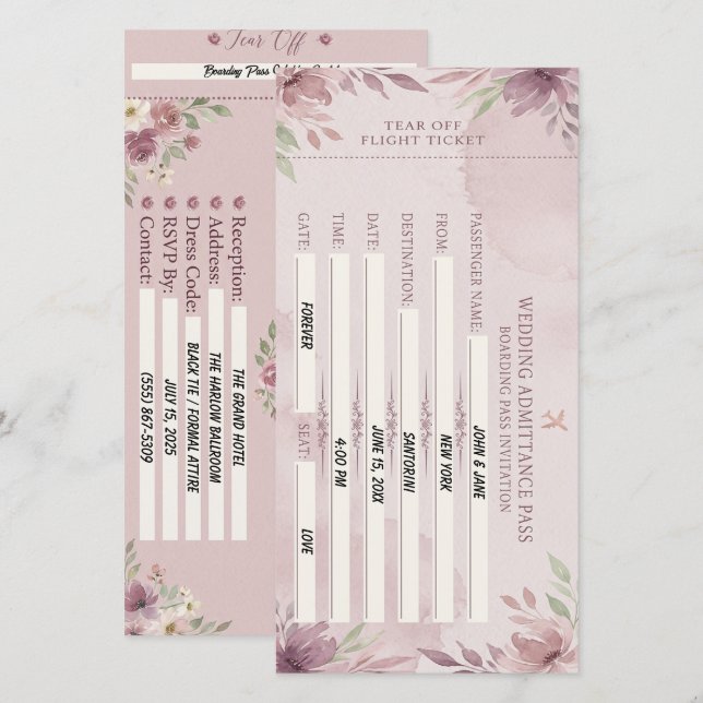 Tarjeta de embarque Dusty Rose para boda (Anverso / Reverso)