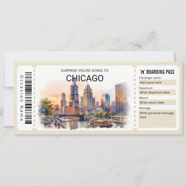 Tarjeta de embarque editable para viaje a Chicago (Anverso)