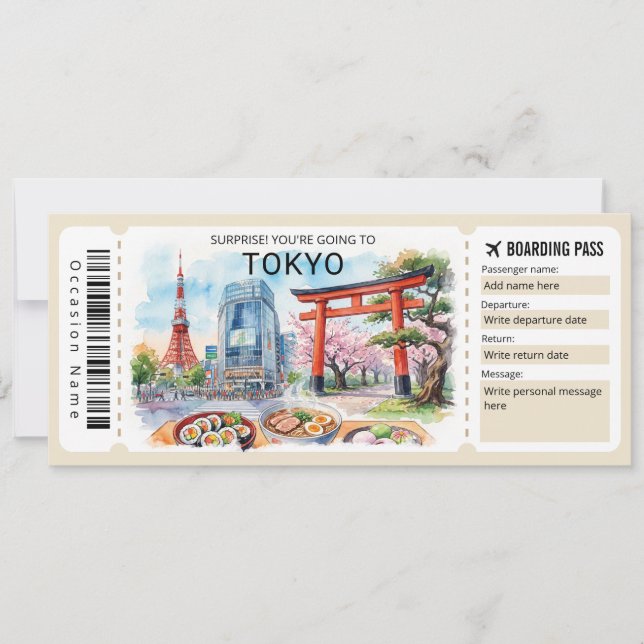 Tarjeta de embarque editable para viaje a Tokio (Anverso)