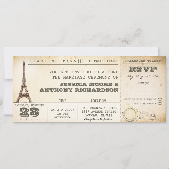 tarjeta de embarque entradas bodas - invitaciones  (Anverso)