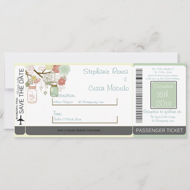 Tarjeta de embarque floral de primavera Invitación (Anverso)