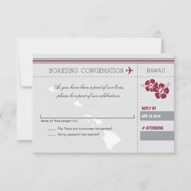 Tarjeta de embarque Gray Red RSVP para HAWAII (Anverso)