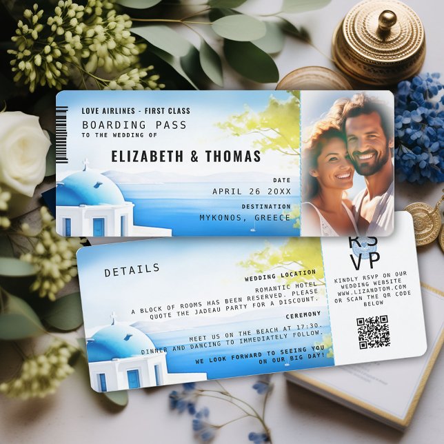 Tarjeta de embarque Grecia Boda de destino moderna (destination wedding invitation boarding pass greek islands sea sky watercolor modern trendy photo)