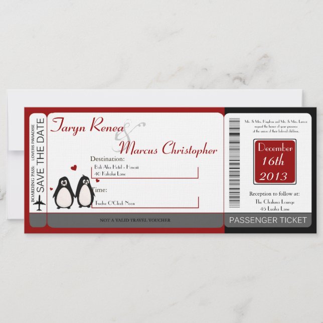 Tarjeta de embarque Invitación de boda de lino Pin (Anverso)