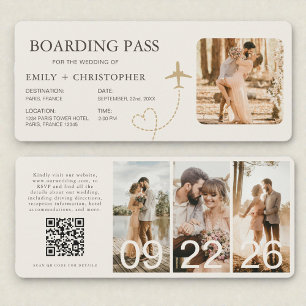 Tarjeta de embarque para boda de destino con pasaj