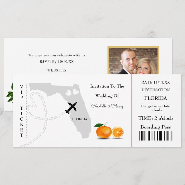 Tarjeta de embarque para Boda de destino de Florid (Anverso / Reverso)