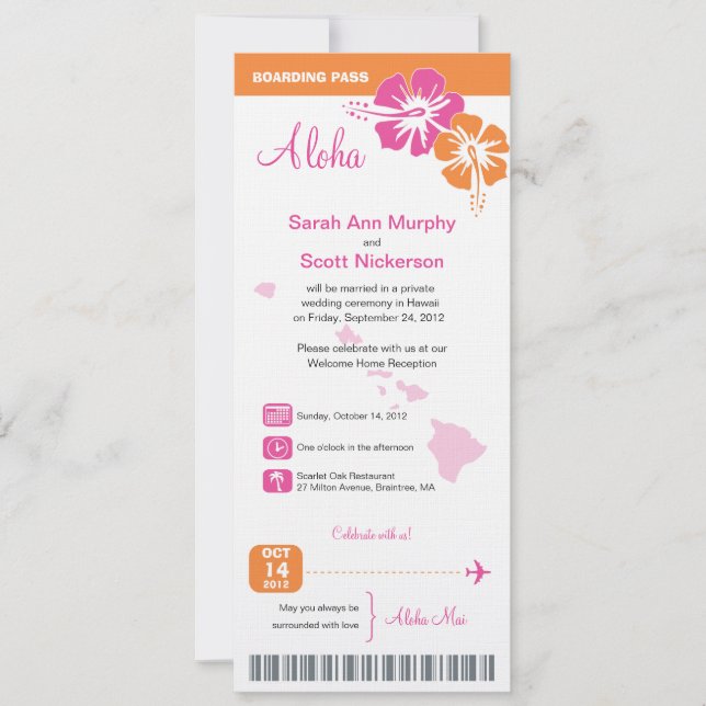 Tarjeta de embarque para Boda de Hawaii (Anverso)