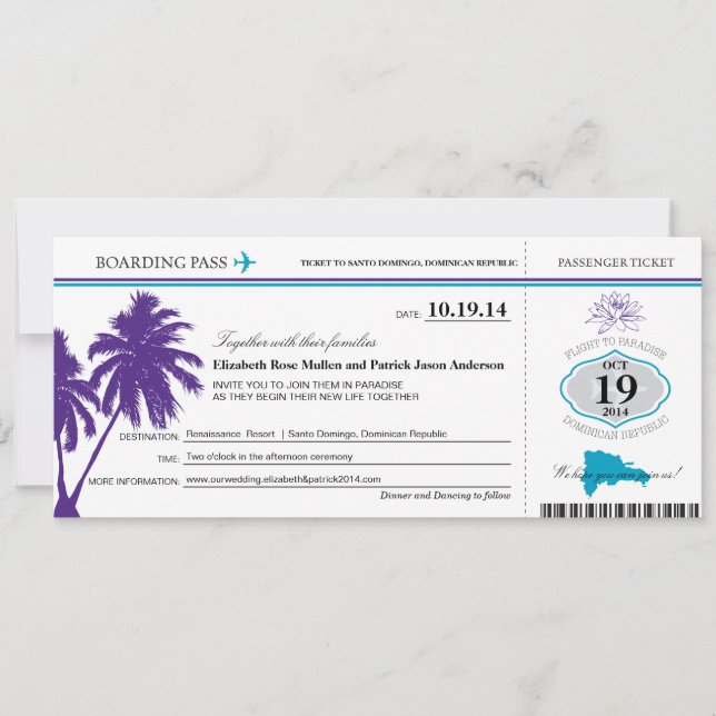 Tarjeta de embarque para Boda de la República Domi (Anverso)
