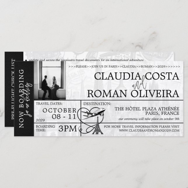 Tarjeta de embarque para Boda de París negro (Anverso / Reverso)
