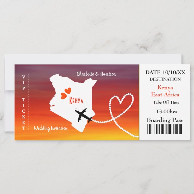Tarjeta de embarque para boda destino Kenia (Anverso)