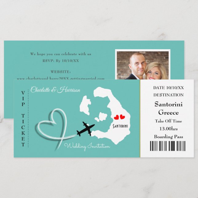 Tarjeta de embarque para boda destino Santorini (Anverso / Reverso)